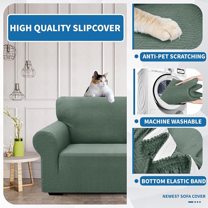 XINEAGE New 1 Piece Couch Covers for 2 Cushion (55"-69") Stretch Loveseat Sofa Cover Slipcover Jacquard Universal Furniture Protector with Elastic Bottom for Kids,Dog (Loveseat, Pea Green)