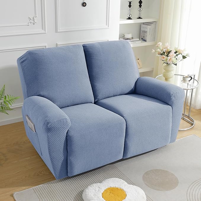 JIVINER 6-Piece Loveseat Recliner Slipcover Stretch Jacquard Recliner Sofa Cover 2 Seater Washable Reclining Couch Cover with Pocket Fitted Furniture Protector Cover (Loveseat Recliner, Light Blue)