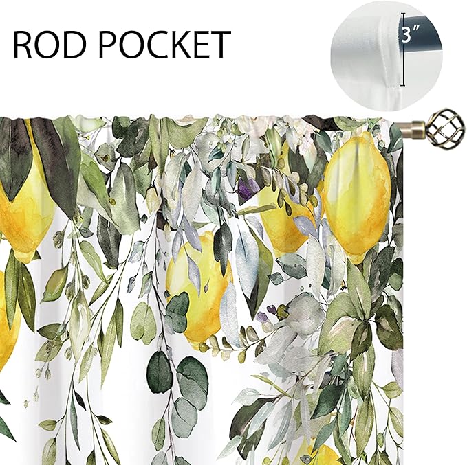 Yellow Lemon Eucalyptus Botanical Leaves Floral Window Curtains Sage Green Watercolor Flower Plant Farmhouse Curtain Drapes Herb Curtains for Bedroom Living Room Treatment 42Wx63H Inch