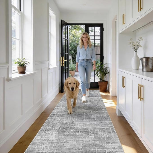 2x12 Washable Hallway Runner Rug - Modern Abstract Neutral Long Carpet with Non-Slip Backing Low-Pile Stain-Resistant Thin Runners for Kitchen Bathroom Bedroom Entryway (2x12, Gray)