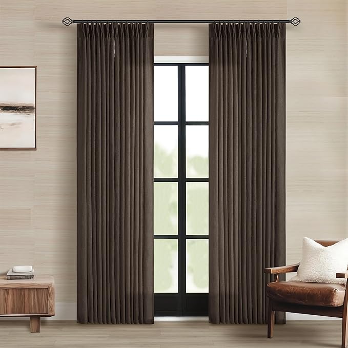 TWODRAPES Dark Chocolate Pinch Pleated Linen Curtains 2 Panels for Living Room Bedroom Memory Training Shaped Semi Sheer Pleat Drapes with Hooks Rings Light Filtering Window Curtain 40x84
