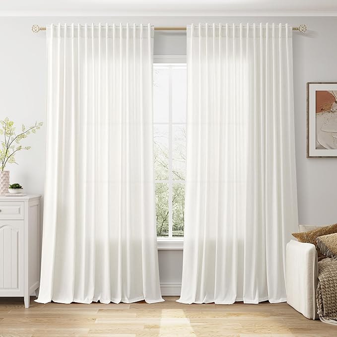 Nanspring Extra Wide 100 Inch Curtains for Living Room 102 Inches Long Linen Farmhouse Sheer Curtains for Sliding Door Beige White Long Curtain for Bedroom Back Tab and Rod Pocket 100x102,2 Panels