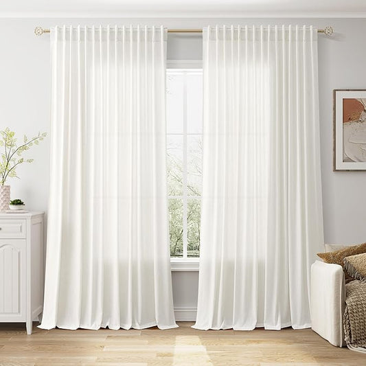 Extra Wide Beige White Curtains 96 Inches Long for Living Room Light Filtering Sheer Curtains for Coastal Room Decor Linen Farmhouse Curtain for Bedroom Back Tab and Rod Pocket 100x96,2 Panels