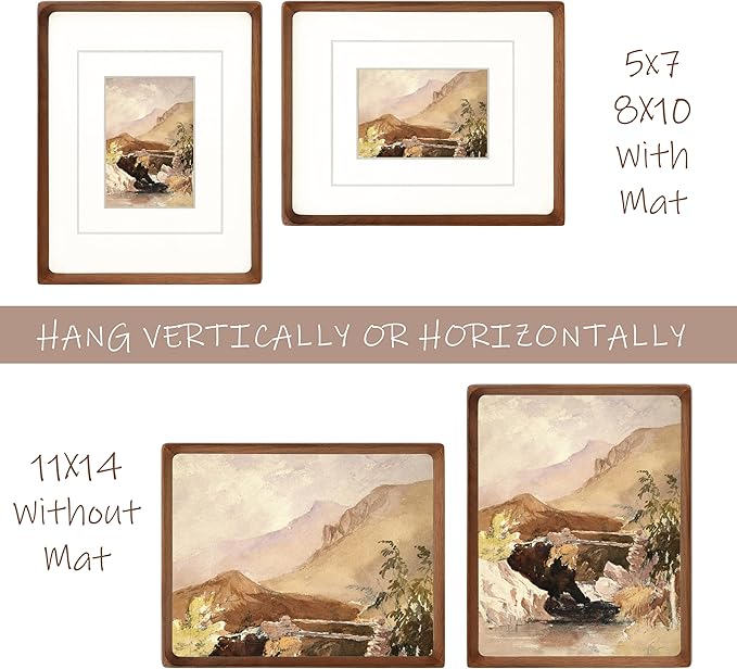 11x14 Picture Frame with Mat for 5x7/8x10, Natural Walnut Wood Handcrafted Rounded Corner with Real Glass, Vertical or Horizontal Display Photo Gallery Wall Mounting Frame