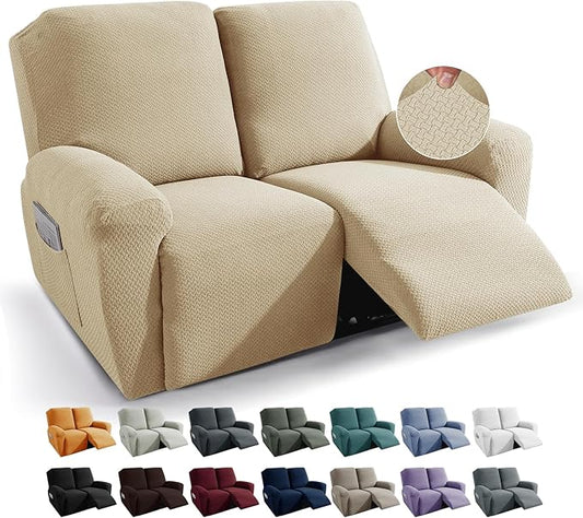 JIVINER 6-Piece Loveseat Recliner Slipcover Stretch Jacquard Recliner Sofa Cover 2 Seater Washable Reclining Couch Cover with Pocket Fitted Furniture Protector Cover (Loveseat Recliner, Light Beige)