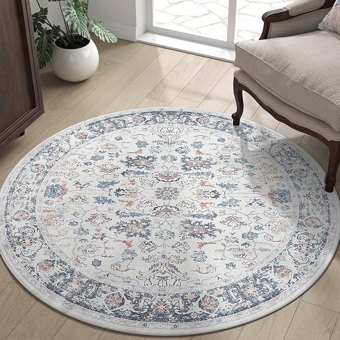 jinchan Round Rug 4ft Area Rug - Washable Boho Vintage Floral Circle 4' Round Floor Cover Lightweight Low Pile Thin Throw Non-Slip Carpet for Kitchen Living Room Bedroom Dining Room Office Grey Multi