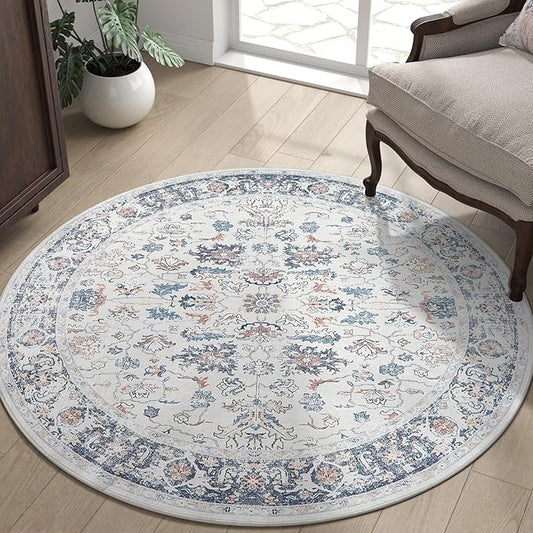 jinchan Round Rug 5ft Area Rug - Washable Boho Vintage Floral Circle 5' Round Floor Cover Lightweight Low Pile Thin Throw Non-Slip Carpet for Kitchen Living Room Bedroom Dining Room Office Grey Multi