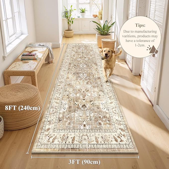 LOKHOM Washable Runner Rug, 3x8 Non-Slip Vintage Hallway Runner Rug with Rubber Backing, Boho Floral Soft Distressed Kitchen Rugs Floor Carpet Runner for Laundry Entrance Bedroom (Beige Brown)
