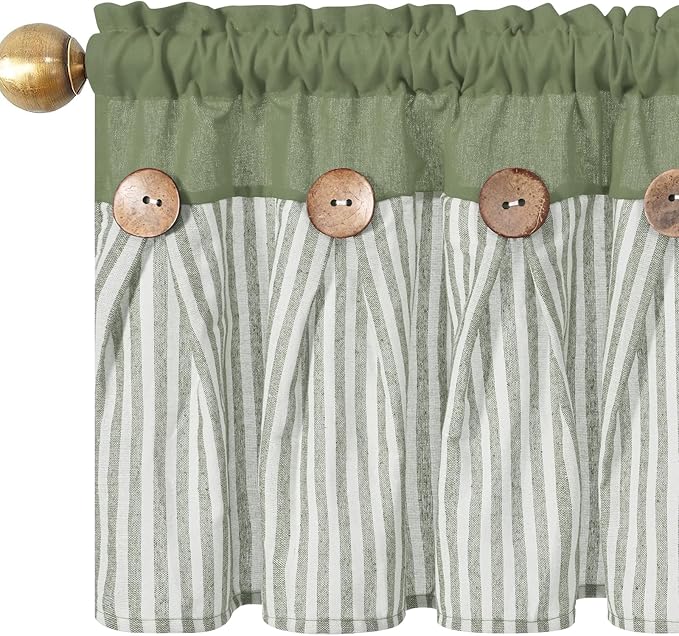 ASPMIZ Farmhouse Cotton Linen Valances for Windows, Boho Kitchen Curtains Valances with Rustic Button, Green Striped Window Treatments Curtain Valance for Bathroom Cafe, 52 x 18 Inch, 1 Pannel