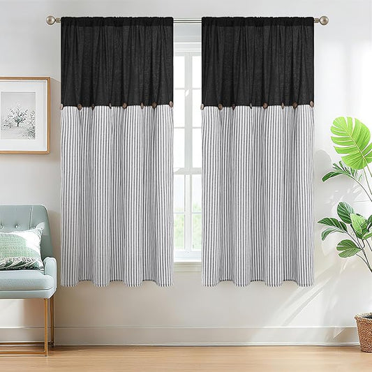ASPMIZ Cotton Linen Farmhouse Living Room Curtains Boho Rustic Window Curtain Panels, Black with Grey Stripe Country Curtains for Bedroom, Back Tab Modern Drapes for Windows 52 x 63 Inch, 2 Panels