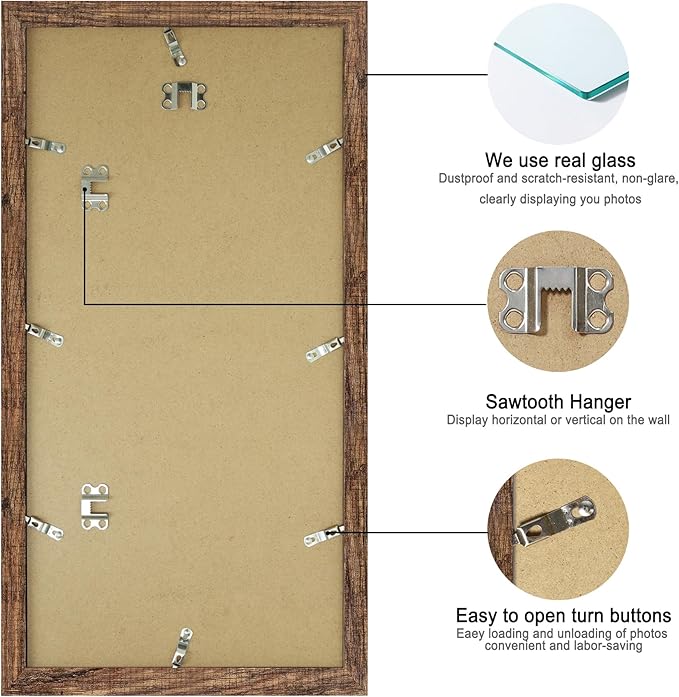 10x20 Picture Frame Set of 2, Rustic Brown Wood Frame with Real Glass Collage Frame, Display Pictures Three 5x7 With Mat or 10 x 20 Without Mat - Horizontal or Vertical Wall Mounting