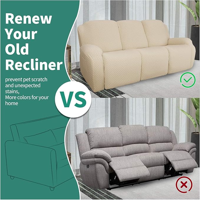 YEMYHOM 8 Pieces Stretch Recliner Sofa Cover Latest Jacquard Reclining Couch Cover with Side Pocket Anti-Slip Fitted 3 Cushion Furniture Slipcovers with Elastic Bottom (Sofa Recliner, Beige)