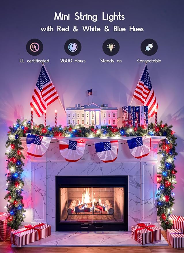 4th of July Decoration Patriotic Mini String Lights - 200 Count 40 Feet Red White Blue Christmas Lights Green Wire Waterproof for Indoor Outdoor Xmas Holiday Party Patio Independence Day Decoration