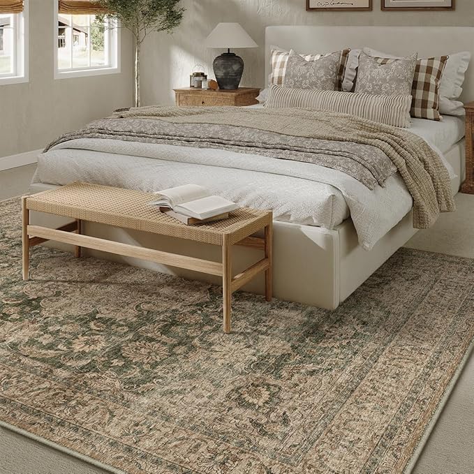 8x10 Washable Area Rug Green Brown Vintage Non Slip Soft Low Pile Rug for Living Room Bedroom Dining Room Office Distressed Oriental Indoor Large Throw Carpet for Home Decor