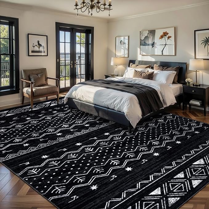 SERISSA 8x10 Area Rugs for Living Room, Washable Non-Slip Black and White Boho Rug, Soft Low-Pile Geometric Indoor Large Carpet for Dining Room Bedroom Home Office Playroom