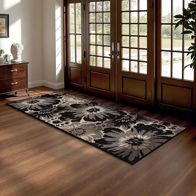 Findosom Hallway Runner Rug 2x5, Non Slip High-Low Textured Floral Washable Runner Rug with Rubber Backing, Boho Carpet Runner for Kitchen, Entryway, Bedroom, Laundry, Black & Beige