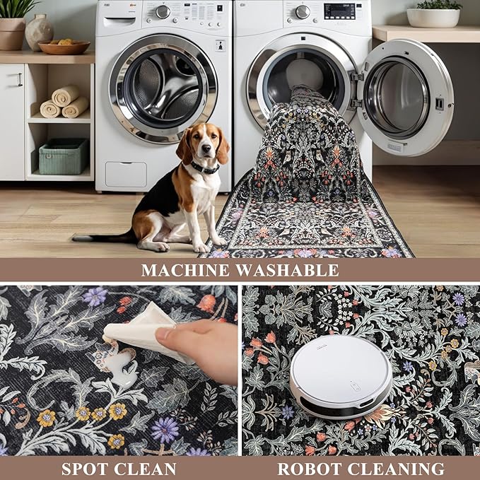 3x10 Botanical Hallway Runner Rug - Non-Slip Washable Long Kitchen Entryway Carpet Runner with Rubber Backing, Boho Floral Soft Low Pile Stain-Resistant (Vibrant Black)