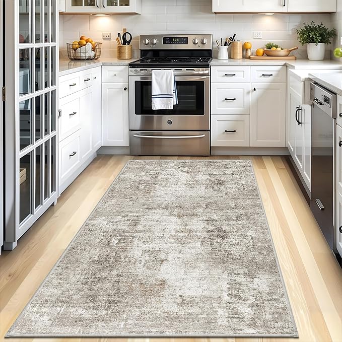 4x8 Washable Area Rug – Non-Slip Rubber Backed Indoor Rug for Entryway, Kitchen, Hallway | Modern Abstract Neutral Low Pile Thin Floor Mat for Bedroom, Living Room, Office (Beige/Grey)