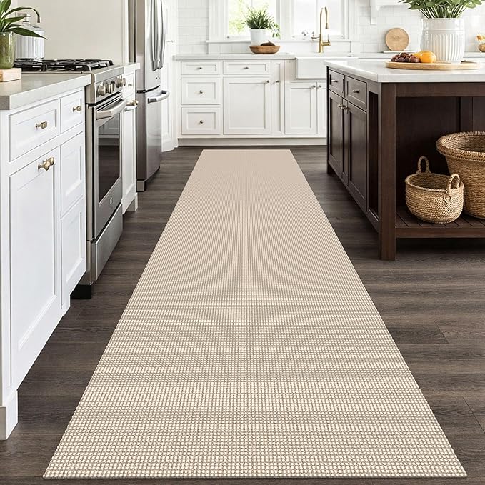 IOHOUZE Washable Runner Rug 3x12 Non Slip Rubber Backed Extra Long Hallway Runner Entryway Runner Indoor, Kitchen Rugs Woven Cotton Floor Carpet for Hall Entrance, Beige/Khaki