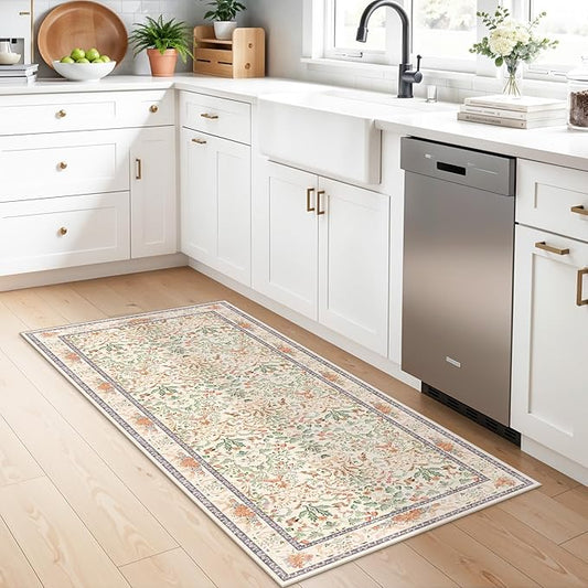 2x5 Non-Slip Washable Runner Rug –Botanical Vintage Florals Small Rug for Hallway, Kitchen, Bathroom, Bedroom, Entryway, Laundry Room – Thin Soft Low-Pile Rubber Backing (Cream, 2x5)