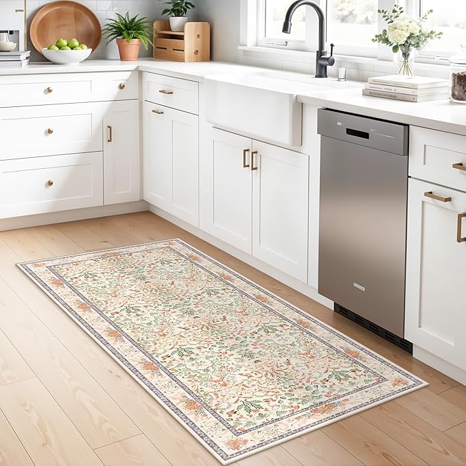 2x3 Entryway Rug Washable Non-Slip - Soft Low Pile Botanical Small Area Rug for Kitchen Bedroom - Boho Floral Indoor Door Mat with Rubber Backing (Cream, 2x3)