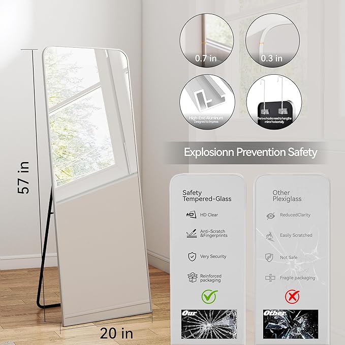SCWF-GZ 57x20 Door Hanging Full Length Mirror, Floor (Height 5.7ft just Body in 1.3ft) or Wall Mounted Metal Frame Rectangle Dressing Mirrors for Bedroom Bathroom Living Room 57 inch Silver