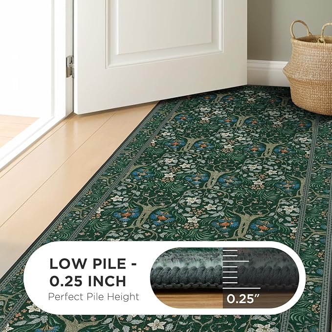 Joydeco Washable 9x12 Area Rugs for Living Room, Large Non Slip Vintage Floral Rug, Boho Bedroom Mats Under Bed, Soft Ultra-Thin Throw Carpet for Dining Room Apartment, Dark Green