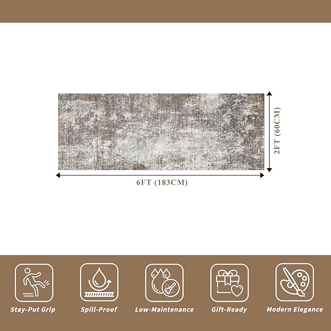 2x6 Runner Rug Non-Slip Washable for Kitchen Hallway - Modern Abstract Neutral Carpet Runner for Bedroom Bedside Laundry Room Entryway – Soft Low-Pile Stain-Resistant (Brown Beige, 2x6)