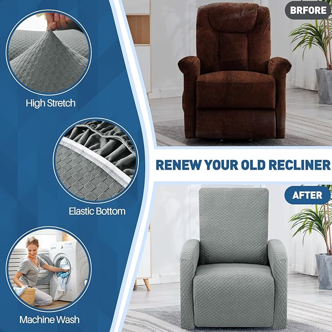 YEMYHOM 3 Pieces Stretch Recliner Slipcover Latest Jacquard Small Recliner Chair Cover with Side Pocket Anti-Slip Fitted Furniture Protector with Elastic Bottom (X-Small Recliner, Light Gray)