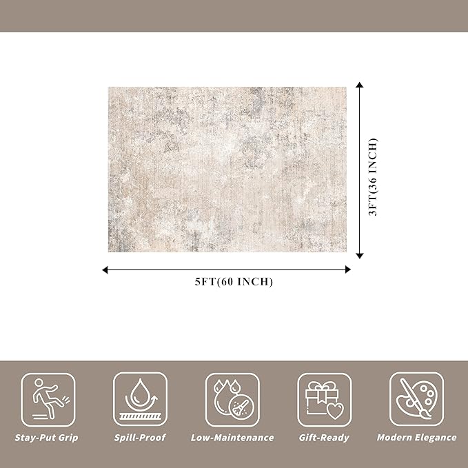3x5 Washable Entryway Rug – Non-Slip Rubber Backed Small Area Rug for Kitchen, Bedroom, Living Room, Office – Soft Low-Pile Thin Modern Abstract Neutral Throw Rug (Beige Grey, 3x5)
