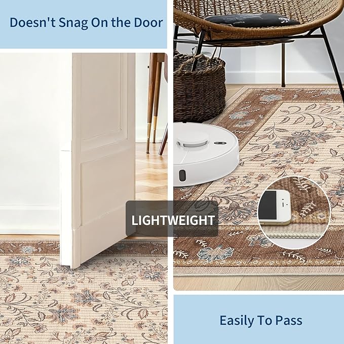 GarveeHome 4x6 Brown Washable Area Rug for Nursery Room, French Country Floral Bedroom Rug Non Slip Low Pile Carpet Stain Resistant Throw Rug for Bedside Kids Room Office Dining Room