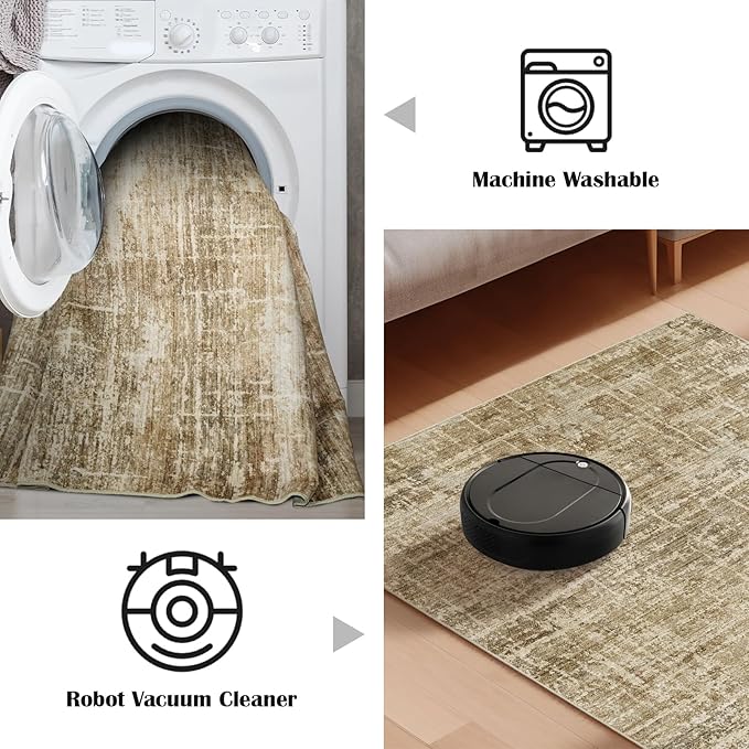2x3 Washable Area Rug for Entryway - Small Abstract Neutral Kitchen Runner Rug with Anti-Skid Rubber Backing Soft Low Pile Thin Carpet for Bedroom Bathroom Pet Feeding Zone (2x3, Tan/Brown)