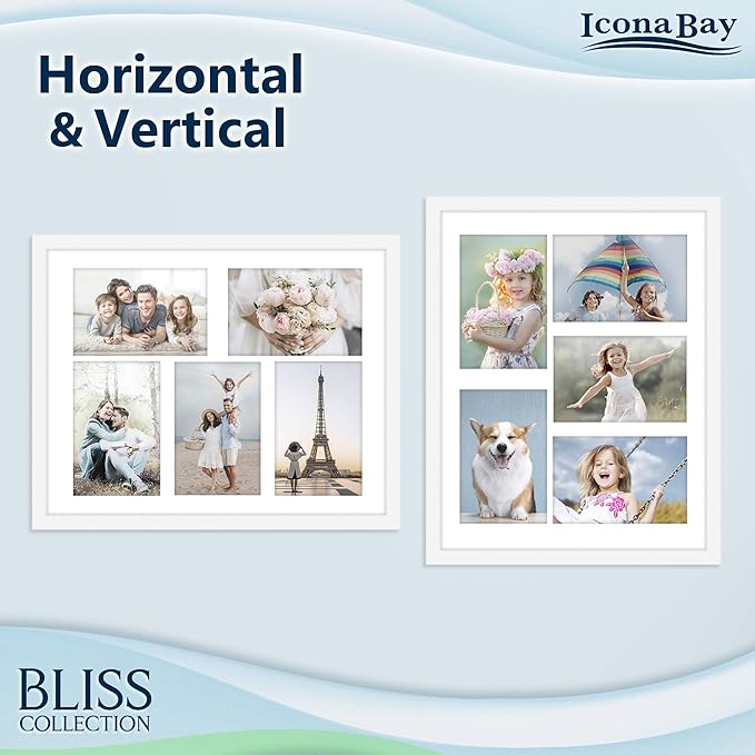 Icona Bay - 11x14 White Collage Picture Frame with Removable Mat for 5-4x6 Photos - Modern Style Engineered Wood Frame - Wall Mount Only - Bliss Collection