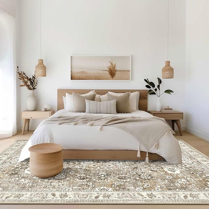 LOKHOM Living Room Area Rug 6x9, Non-Slip Vintage Soft Bedroom Rug with Rubber Backing, Low Pile Boho Floral Faux Wool Floor Carpet Distressed Rug for Bedroom Dining Room（Beige Brown）