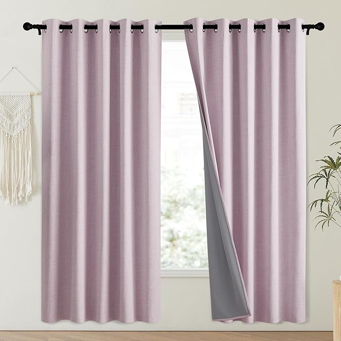 NICETOWN Pink Vintage Linen 100% Blackout Curtains for Playroom, Thermal Insulated Curtains 72" Long, Noise Reducing Window Treatment Drapes for Laundry Room, 62" Wide Per Panel, Set of 2