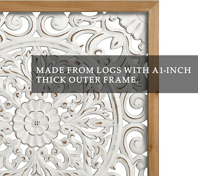 XIAOAIKA Boho Carved Wood Wall Sculpture, Intricate Floral Mandala Design with Distressed White Finish, Vintage Farmhouse Wall Art Panel with Solid Wood Frame for Bedroom Entryway (22.5" x 22.5")