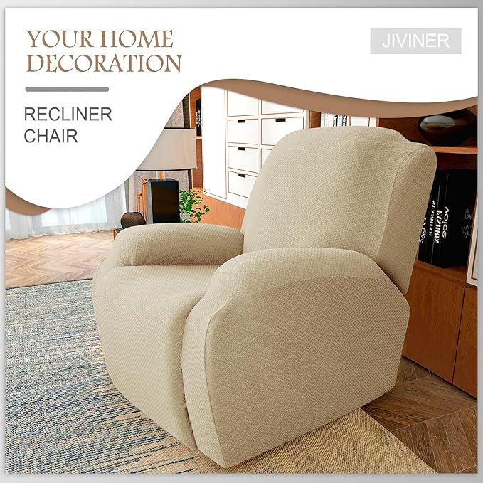 JIVINER 4-Piece Recliner Chair Covers Stretch Jacquard Covers for Reclining Chair Recliner Slipcovers for Living Room Soft Recliner Protector with Pocket (Recliner, Light Beige)