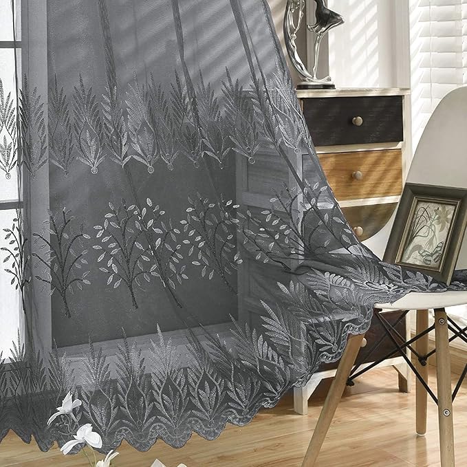 DONREN Luxury Grey Embroidery Sheer Curtain Panels for Living Room - 84 inch Length Leaf Embroidery Voile Window Curtains for Bedroom(W 52 x L 84 Inch,2 Panels)