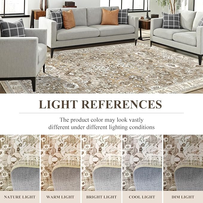 LOKHOM Living Room Area Rug 5x7, Non-Slip Vintage Soft Bedroom Rug with Rubber Backing, Low Pile Boho Floral Faux Wool Floor Carpet Distressed Rug for Bedroom Dining Room（Beige Brown）
