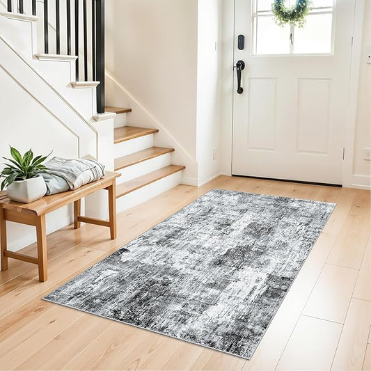 3x4 Washable Entryway Area Rug - Non-Slip Modern Small Indoor Mat for Bathroom,Living Room,Bedroom - Abstract Neutral Soft Low-Pile Throw Carpet with Rubber Backing（Grey）