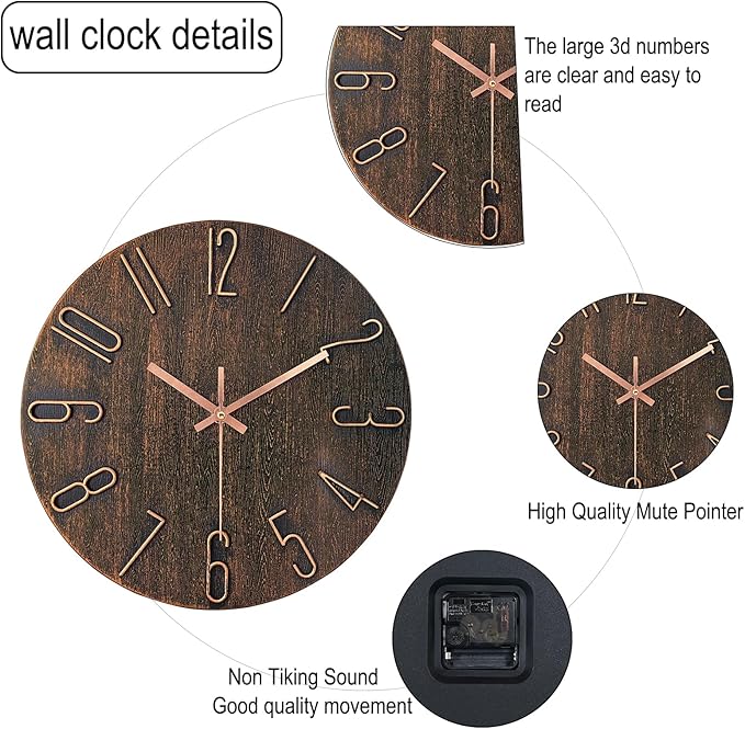 AIRUIFU Wall Clock 12 Inch Non-Ticking Silent Battery Operated Round Wall Clock Modern Simple Style Decor Clock for Home/Office/School/Kitchen/Bedroom/Living Room (Brown)