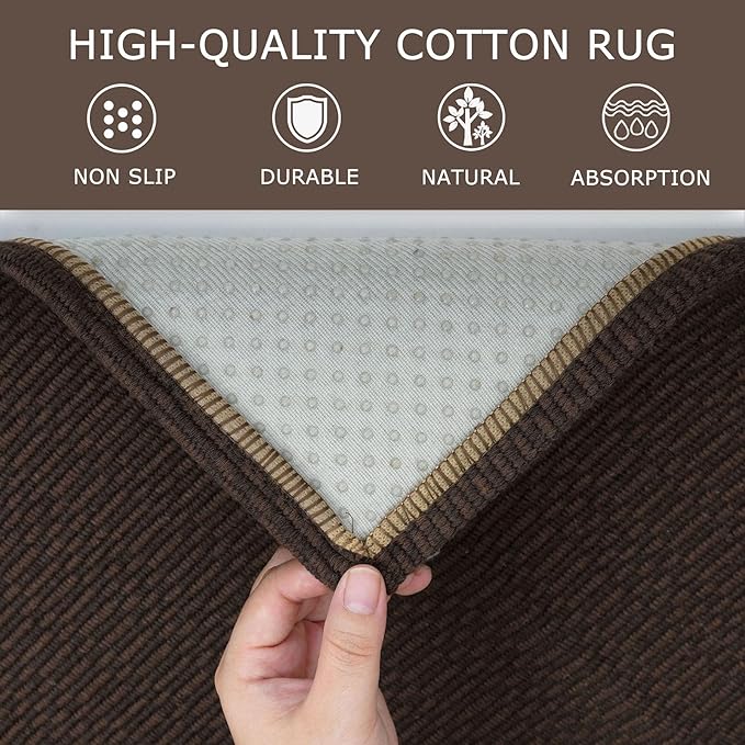 KOZYFLY Washable Area Rug 4x6 Ft Rubber Backed Rugs for Entryway Bedroom Throw Rugs Boho Entry Rug, Cotton Braided Floor Carpet for Dining Room Living Room, Dark Coffee/Brown