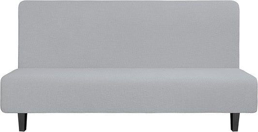 Easy-Going Stretch Futon Slipcover Armless Futon Bed Cover Furniture Protector Without Armrests with Elastic Bottom for Kids, Soft Jacquard Fabric Small Checks (Large, Silver Gray)