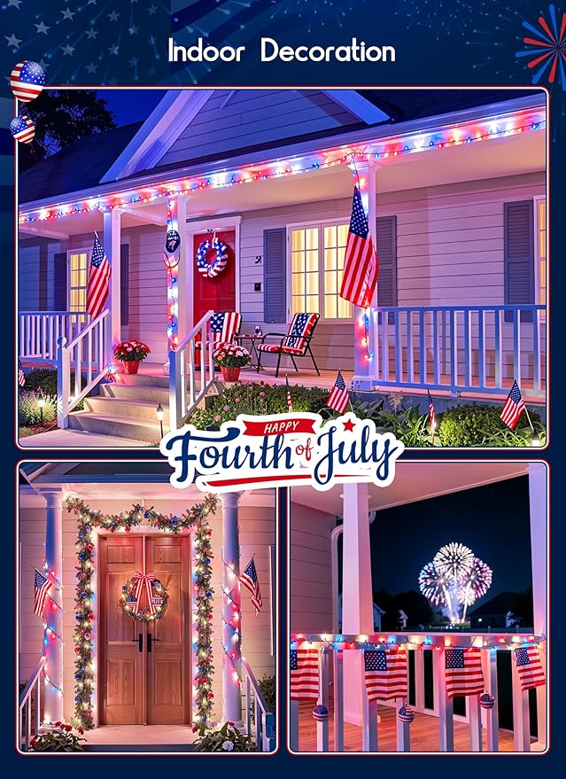 4th of July Decoration Patriotic Mini String Lights - 200 Count 40 Feet Red White Blue Christmas Lights Green Wire Waterproof for Indoor Outdoor Xmas Holiday Party Patio Independence Day Decoration
