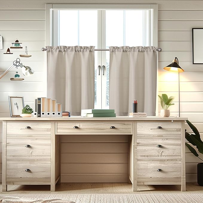 Chyhomenyc 2 Panels Kitchen Curtains 36 Inch Length, Faux Linen Textured Small Cafe Curtains, Light Filtering Short Window Curtains for Bathroom Basement, Each 30x36 inch, Moon Beige