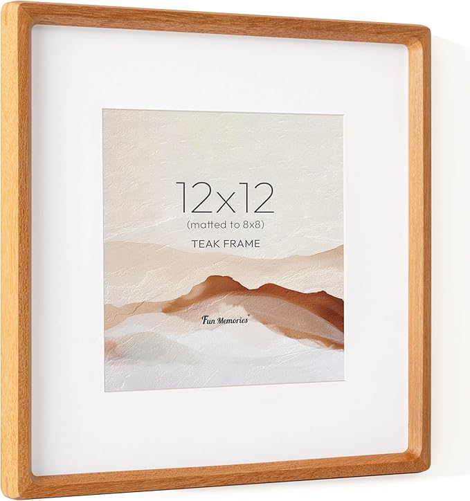 12x12 Frame, USA-Sourced Teak Wood Photo Frames with HD Tempered Glass, Handcrafted Rounded Corner Square Wooden Frames Matted to 8x8 Photos, 12x12 Picture Frame, Tabletop or Wall Display