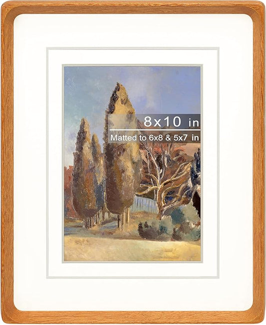 8x10 Picture Frame with Mat for 5x7/6x8, Natural Teak Wood Handcrafted Rounded Corner with Real Glass, Vertical or Horizontal Display Photo Gallery Wall & Tabletop Frame