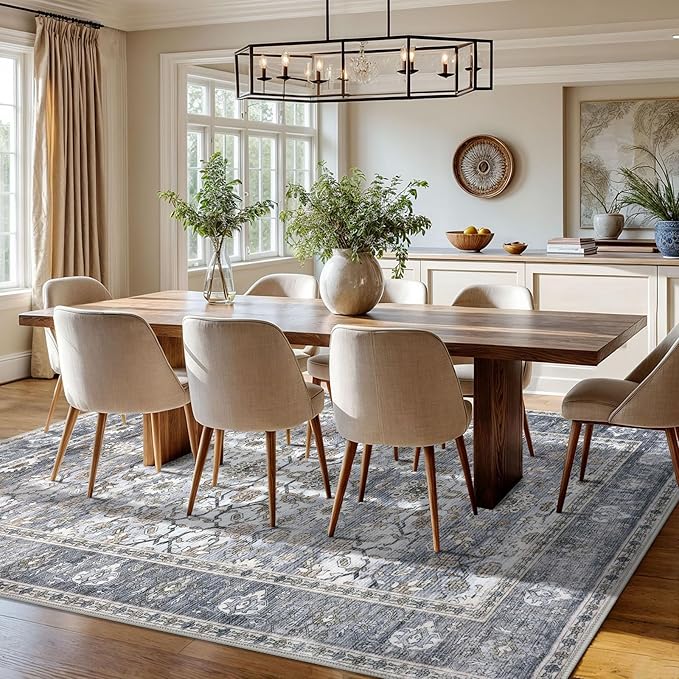 KUTA 8x10 Area Rugs for Living Room, Washable Large Rug for Bedroom 8ft x 10ft Non-Slip, Grey Blue Ultra Thin Soft Printed Vintage Floral Distressed Dining Room Low-Pile Carpet for Office