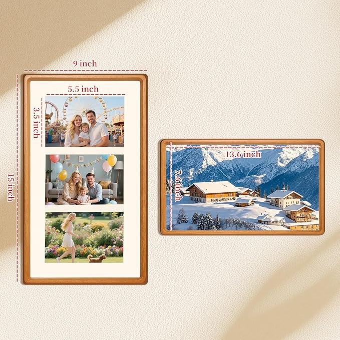 8x14 Collage Picture Frame Teak Wood, Multiple Three 4x6 Photos or 8x14 without Mat, Rustic Photo Frame with Tempered Glass Hanging Displaying Horizontally or Vertically