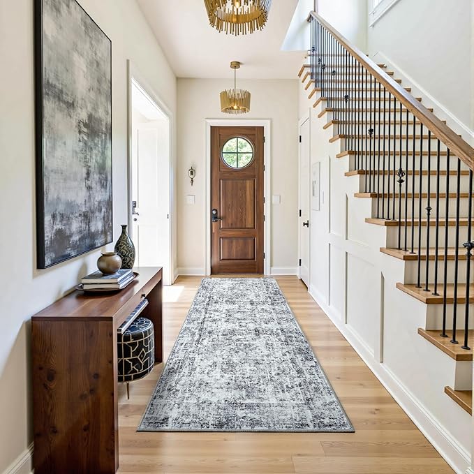HOMORE 2x8 Runner Rug for Kitchen Hallways Runners Rugs,Classic Grey Long Rug Non Slip Washable Rugs for Entrway Soft Abstract Carpet for Entrance Bedroom Living Room Bathroom